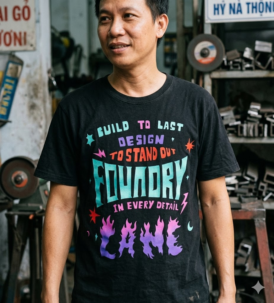 Foundry Flame Typography T-Shirt, Build to Last Design Graphic Tee