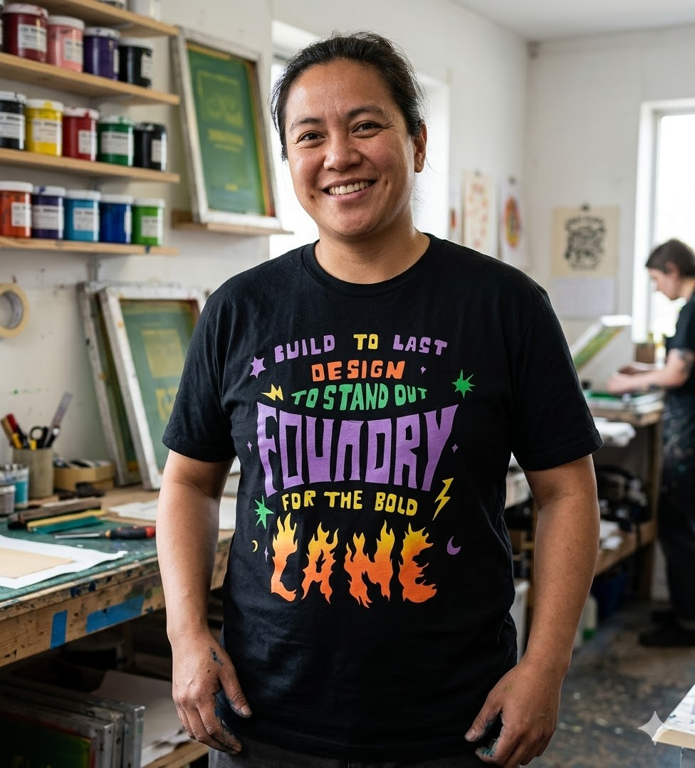 Foundry Flame Typography T-Shirt, Bold Graphic Design for Creators